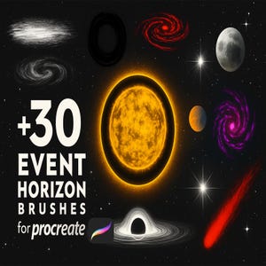 May include: Digital art brushes for Procreate featuring celestial elements. The image includes a bright yellow sun, galaxies, planets, and a comet. Text reads "+30 EVENT HORIZON BRUSHES for procreate".