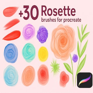 May include: An image showcasing watercolor rosette brushes for Procreate. The image features various colorful floral designs in shades of red, orange, purple, blue, and green. The text reads "+30 Rosette brushes for procreate".