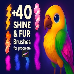 May include: A digital art illustration featuring a colorful parrot with a yellow head, green wings, and pink accents. The image includes text that reads "+40 SHINE & FUR Brushes for procreate", along with examples of brushes.