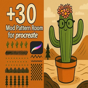 Könnte beinhalten: Illustration eines lächelnden Kaktus mit Brille und Blumenkrone, vor einer Wüstenlandschaft. Das Bild enthält den Text "+30 Mod Pattern Room for Procreate" und verschiedene Musterbeispiele.