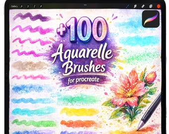 May include: A digital tablet displaying watercolor brushstrokes and a floral illustration. The screen shows the text "+100 Aquarelle Brushes for Procreate." A white stylus with the Apple logo is at the top. The tablet is black.