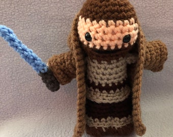 Made to order, Hand crocheted Star Wars Obi Wan Kenobi like doll with Cloak and Lightsaber Amigurumi Doll