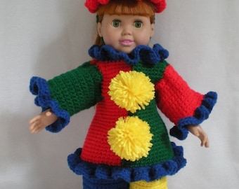 PDF File American Girl 18" Doll Crochet Pattern Circus Clown Costume outfit Hat, shirt, Pants New Design