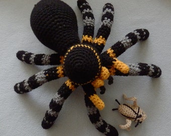 Made to Order Hand Crocheted Tarantula Spider with Cricket 11" long by 15" wide Black Gold Grey