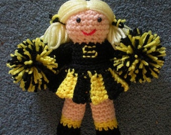 Made to order Hand Crocheted Cheerleader Doll Football, Baseball, Basketball Sports Team Embroidered letters, colors, you choose
