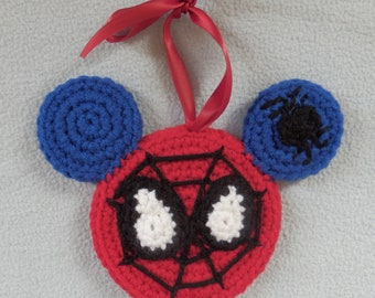 Hand crocheted Holiday Christmas Ornament Mickey Mouse Ears Spiderman Spiderweb with Ribbon