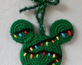Hand crocheted Holiday Christmas Ornament Mickey Mouse Ears Tree Lights stringed with Ribbon
