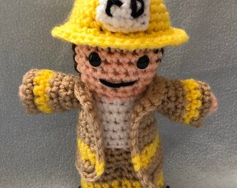 Made to order, Hand crocheted Firefighter Male Boy Doll with Hat and Jacket Amigurumi Doll 7" tall