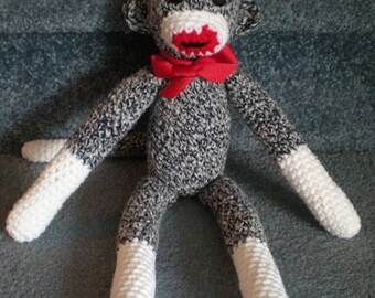 Made to order, Hand crocheted Sock Monkey Black White and Red Amigurumi Doll