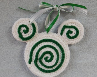 Hand crocheted Holiday Christmas Ornament Mickey Mouse Ears Green Peppermint Swirl candy with Ribbon