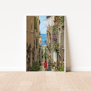 May include: A framed print of a narrow stone alleyway with two people walking towards the viewer. Buildings line the alley, with flowers, laundry, and a sign that reads "ALBA". The sky and sea are visible at the end of the alley.