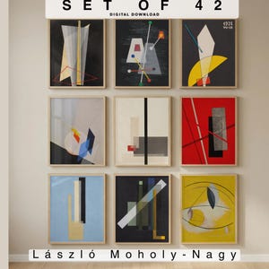 May include: A set of 42 digital download wall art prints featuring geometric abstract compositions by László Moholy-Nagy. The collection includes various framed prints with bold shapes, lines, and color palettes including red, yellow, blue, black, and grey tones.