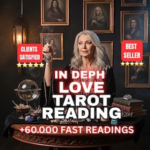 May include: An image promoting tarot readings. The text reads "IN DEPTH LOVE TAROT READING" and "+60.000 FAST READINGS". A woman holds a pendulum, surrounded by framed portraits. The image includes "CLIENTS SATISFIED" and "BEST SELLER" badges.