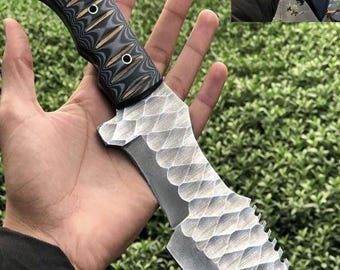 Cuchillo rastreador de Damasco hecho a mano / Espiga completa / Mango de G10 / Cuchillo de supervivencia para actividades al aire libre y acampada
