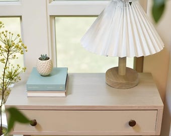 White Pleated Table Lamp – Japandi Wooden Base Minimalist Desk Light