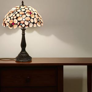 Puede incluir: Una lámpara de mesa decorativa con una pantalla hecha de conchas marinas. La lámpara tiene una base y un tallo de color bronce oscuro. La pantalla tiene forma de cúpula con una variedad de conchas en tonos beige, marrón y blanco. La lámpara está sobre una mesa de madera.