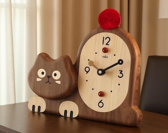 Handmade Wooden Cat Clock – Nordic Desk Decor, Cat Lovers Gift