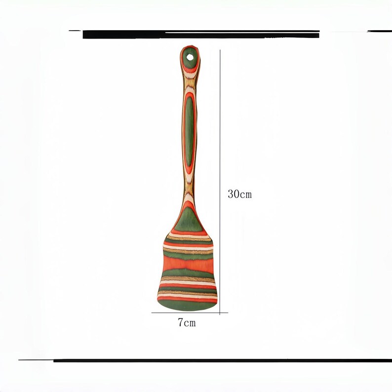 May include: A wooden spatula with a long handle and a wide, flat head. The spatula is 11.8 inches long and 2.8 inches wide, featuring a striped pattern in shades of green, orange, and brown. It has a hole in the handle for hanging.