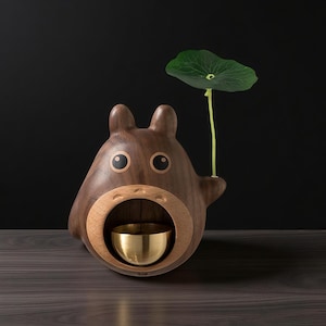 Handmade Wooden Totoro Doorbell – Walnut & Brass Chime, Japanese Decor