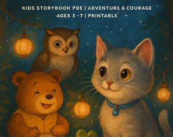 May include: Illustration for a children's storybook titled "Luna and the Starlit Parade." The image features a gray cat, a brown bear, an owl, and a frog. The background is a dark blue night sky with stars and lanterns.