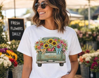 Farm Fresh Flowers Truck PNG, Vintage Floral Truck PNG, Sunflower Wildflower Design, Rustic Country Spring Shirt Graphic (Digital Download)