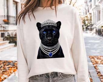 Boujee Black Panther PNG, Blue Eyes Leopard Queen Sublimation Design, Glam Animal Portrait Shirt PNG Download