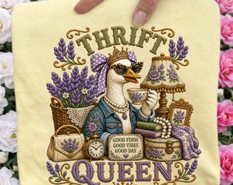 Thrift Queen PNG, Faux Embroidery Vintage Goose Thrifting Sublimation Design, Antique Shopping Coquette Trendy PNG Download