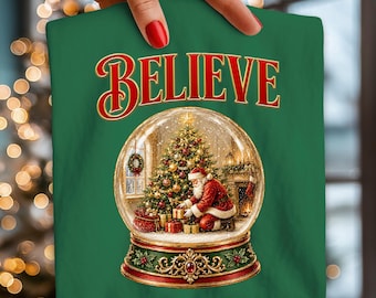 Believe Santa Snow Globe PNG, Vintage Christmas Sublimation Design, Santa Decorating Tree Trendy PNG Download