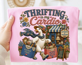 Thrifting Is My Cardio PNG, Faux Embroidery Porch Goose Thrifting Sublimation Design, Vintage Antique Shopping Trendy PNG Download