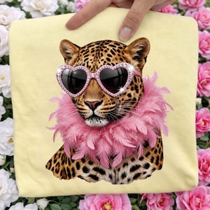 Boujee Leopard PNG, Pink Feather Boa Leopard Sublimation Design, Glam Leopard Heart Sunglasses Trendy PNG Download
