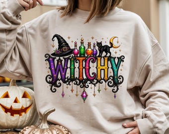 Witchy PNG, Colorful Halloween Witch Typography Sublimation Design, Black Cat Potion Shirt PNG Download Spooky Season