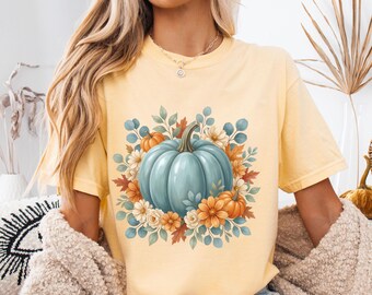 Blue Pumpkin Floral PNG, Fall Pumpkin Design, Autumn Wildflower Pumpkin, Trendy PNG for Sublimation, Vintage Fall Shirt Design Download