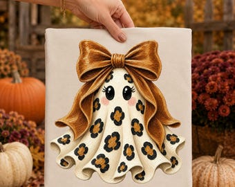 Leopard Ghost PNG, Cute Halloween Ghost Sublimation Design, Coquette Bow Spooky Season Trendy PNG Download