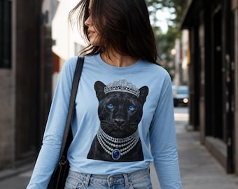 Panthère noire de luxe (PNG), motif de sublimation Reine léopard aux yeux bleus, t-shirt portrait animal glamour (PNG à télécharger)