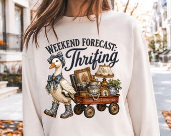 Weekend Forecast Thrifting PNG, Goose Thrifter Sublimation Design, Vintage Treasure Hunting Trendy PNG Download