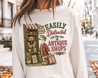Easily Distracted By Antique Shops PNG, Faux Embroidery Goose Antique Shopping Sublimation Design, Vintage Thrifting Trendy PNG Download