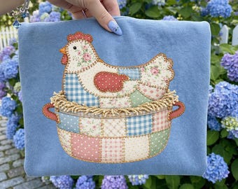 Patchwork Hen PNG, Rustic Farmhouse Chicken, Cottagecore Art (Digital Download)