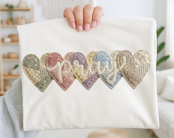 Pray Patchwork Hearts PNG, Farmhouse Christian Sublimation File