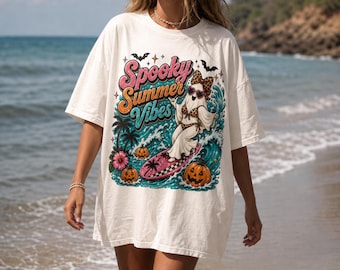 Spooky Summer Vibes PNG, Summerween Shirt PNG, Halloween Summer Ghost Surfing Sublimation Design Trendy Beach Art