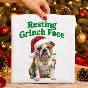 May include: A white t-shirt featuring the green text Resting Grinch Face above an illustration of a brown and white bulldog wearing a red and white Santa hat, a gold chain with bells, and a string of colorful Christmas lights wrapped around it.