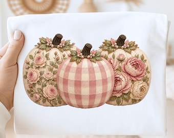 Pink Floral Pumpkin Trio PNG, Vintage Rose Gingham Pumpkin Sublimation Design, Cottagecore Fall Trendy PNG Download