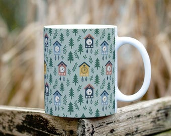 Light Blue – Black Forest Cuckoo Clock Mug | Schwarzwald Coffee Cup, German Souvenir Gift | Colorful Pattern 11 oz Ceramic Cup