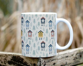 Cream – Black Forest Cuckoo Clock Mug | Schwarzwald Coffee Cup, German Souvenir Gift | Colorful Pattern 11 oz Ceramic Cup
