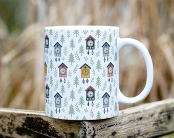 White – Black Forest Cuckoo Clock Mug | Schwarzwald Coffee Cup, German Souvenir Gift | Colorful Pattern 11 oz Ceramic Cup