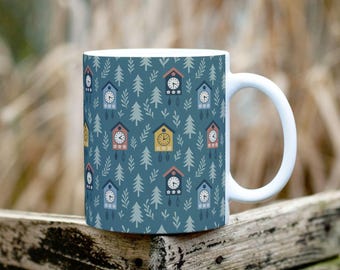 Blue – Black Forest Cuckoo Clock Mug | Schwarzwald Coffee Cup, German Souvenir Gift | Colorful Pattern 11 oz Ceramic Cup