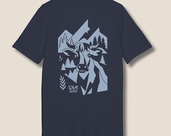 Black Forest Cow T-Shirt | Unisex Organic Cotton Shirt with Monochrome Cow Illustration