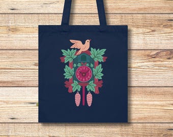 Black Forest cuckoo clock tote bag | Schwarzwald organic cotton tote bag, illustrated cuckoo clock