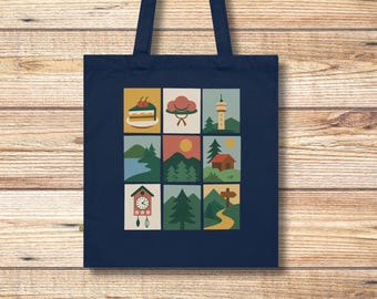Black Forest colorful icons tote bag | Schwarzwald organic cotton tote bag, illustrated forest icons