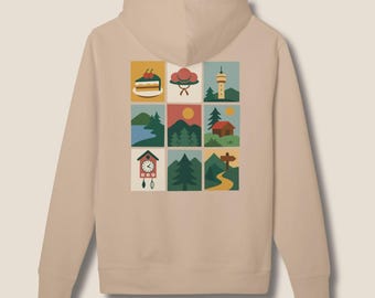 Black Forest Icons Hoodie | Organic Cotton Unisex Hoodie with Colorful Nature Icons