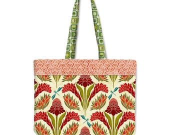 Wild Ginger Cream Tote Bag | Arts & Crafts Tropical Floral Market Tote | Botanical Fabric Bag